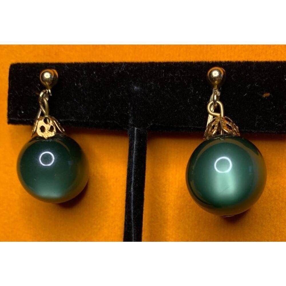 Muted Green lustrous bead Clip earrings, Vintage, Unmarked